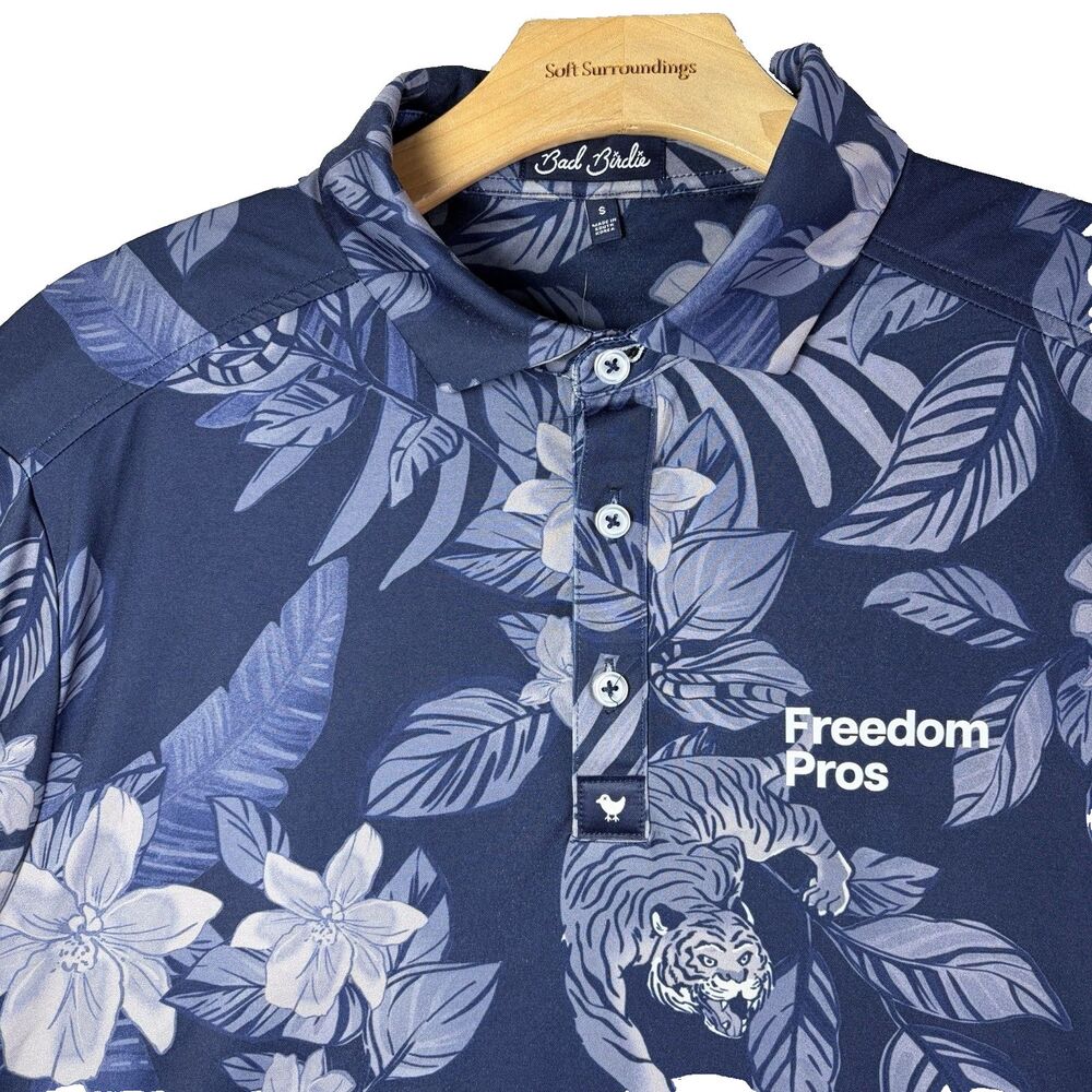 Bad Birdie Polo Shirt Mens Small Navy Blue Floral Tiger Animal Prit Golf Stretch